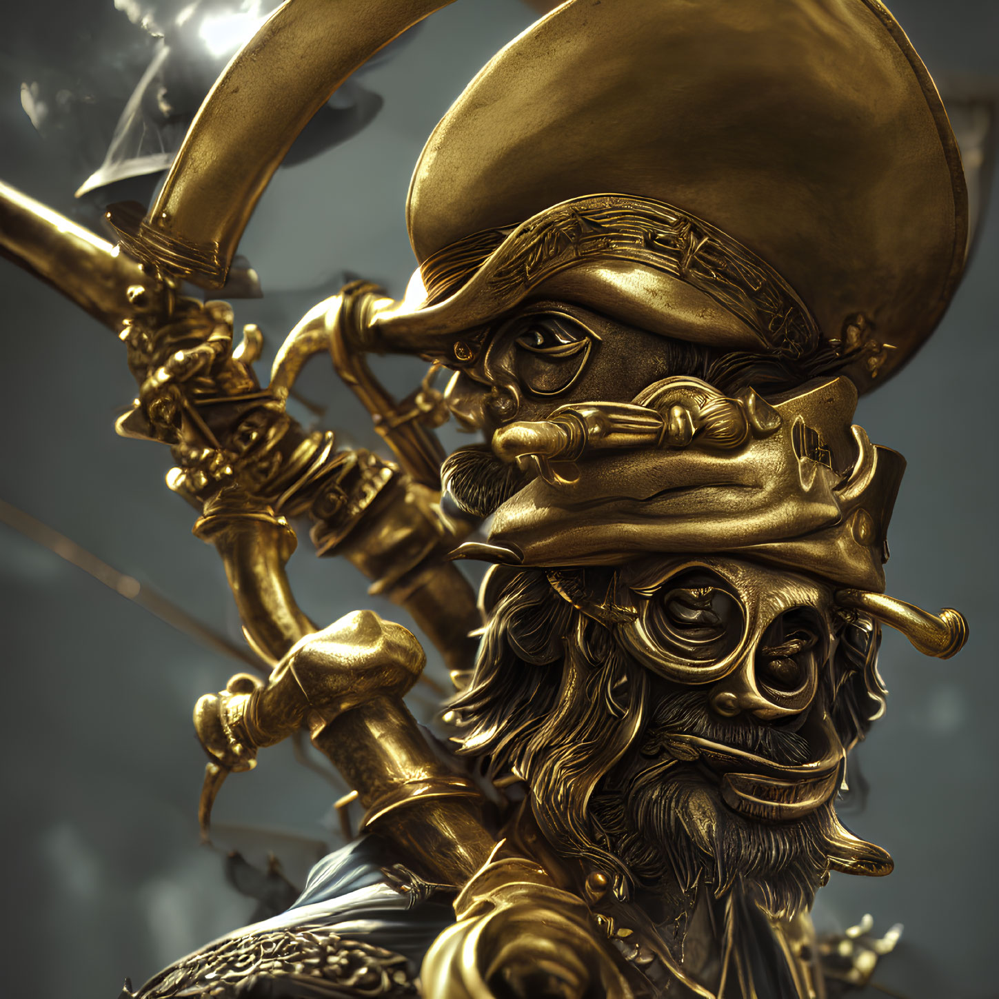 Detailed 3D Illustration: Golden Pirate Figure with Tricorn Hat, Telescope, Ornate Beard