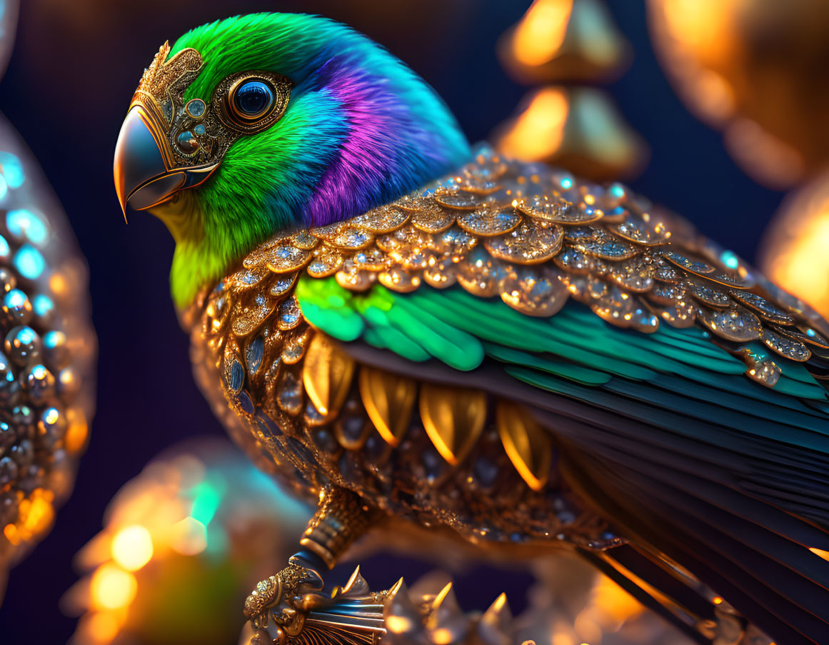 Colorful Ornate Bird with Metallic Beak on Golden Orbs Background