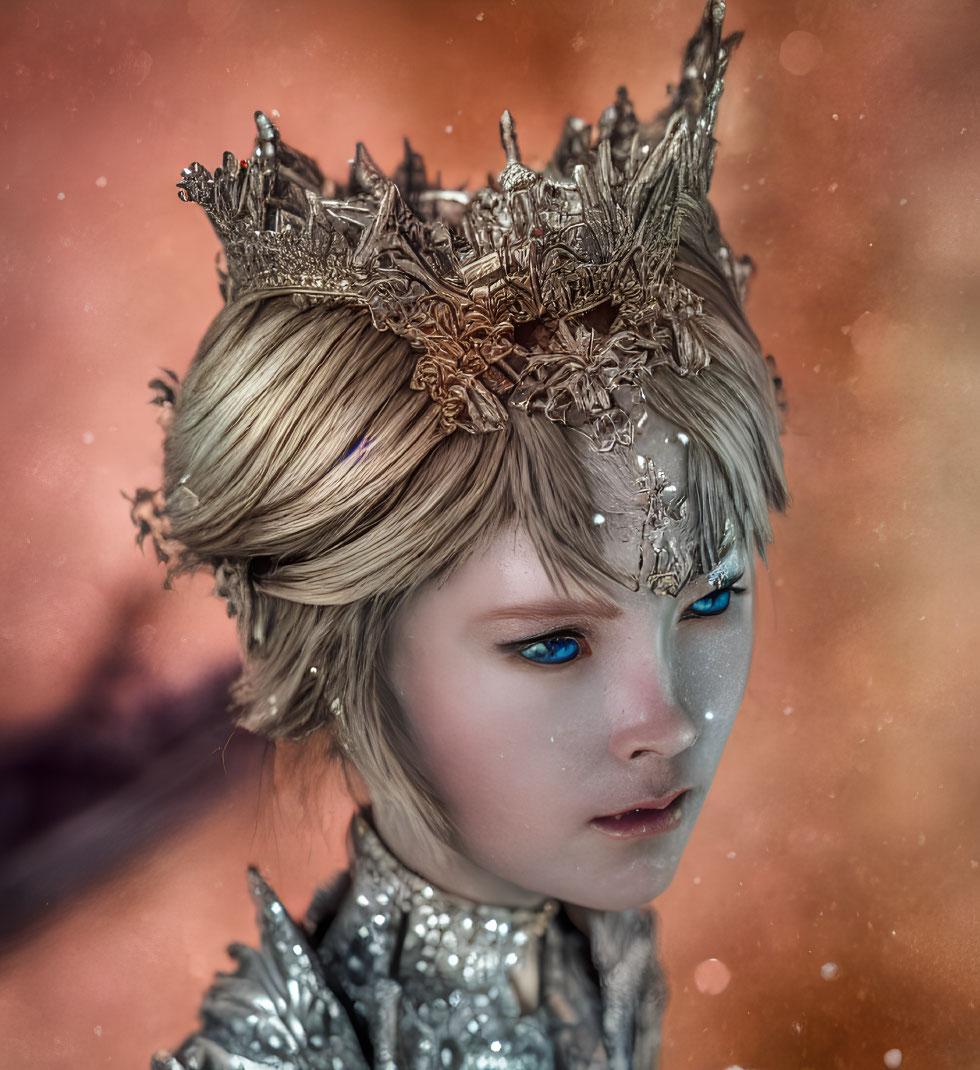 Child with Blue Eyes and Bronze Crown in Digital Art