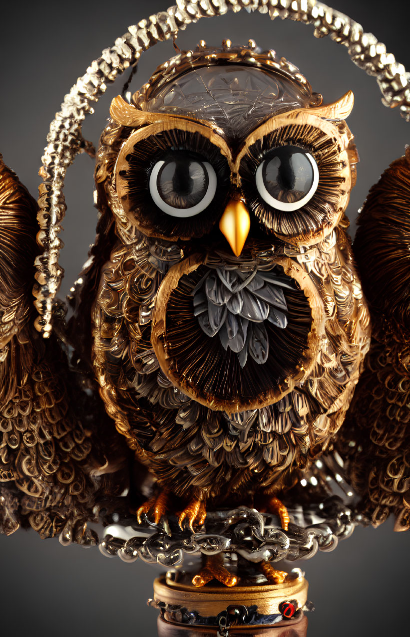 Intricately crafted metal owl with detailed feathers and gemstone base