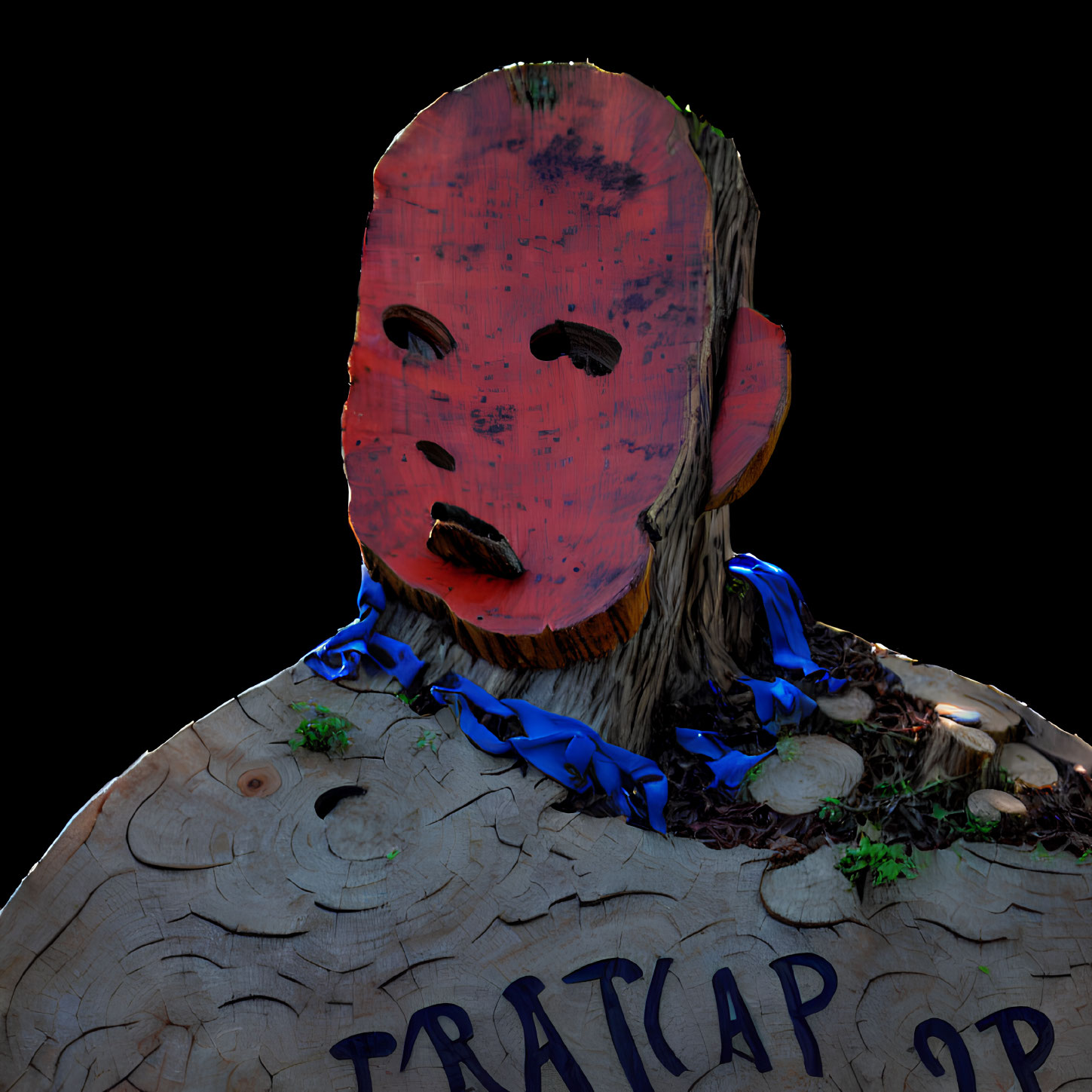 Wooden Face Sculpture with Red Paint, Inscribed Text, Blue Fabric, and Mushrooms