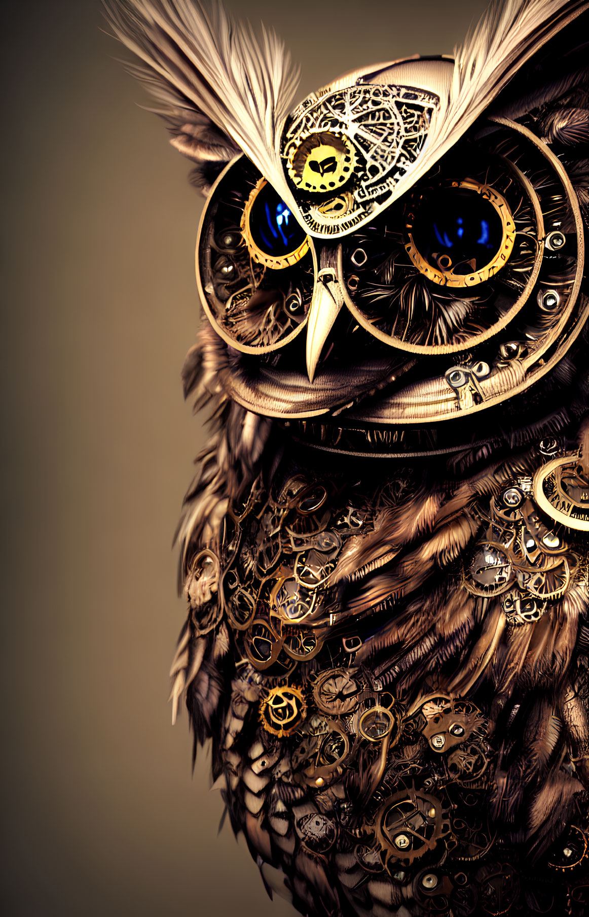 Detailed mechanical owl artwork with clockwork eyes and feathers on warm background