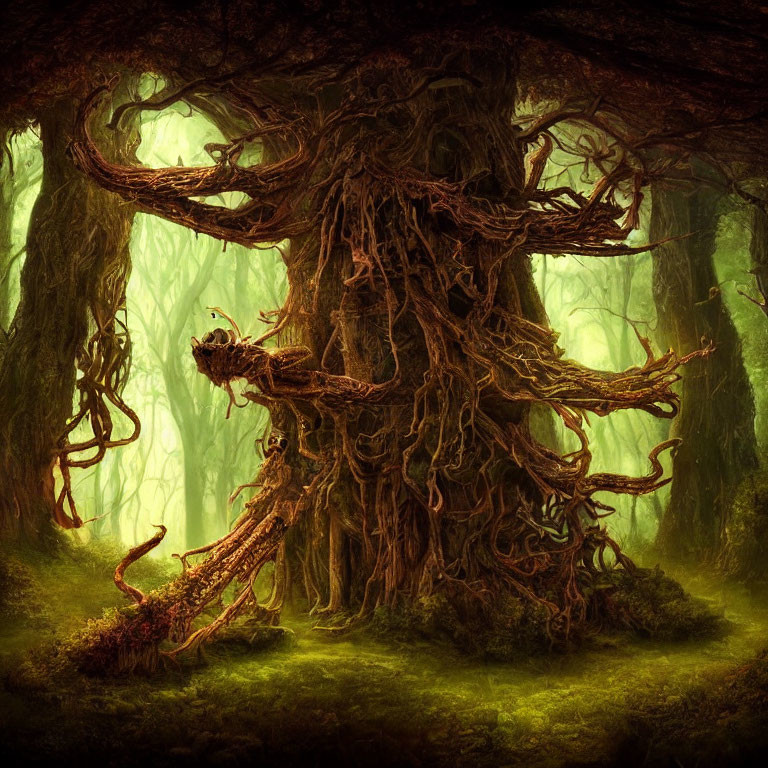 Ancient gnarled tree with intricate roots in mystical green forest