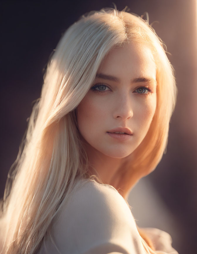 Blonde Woman Portrait with Blue Eyes and Sunlight Reflection