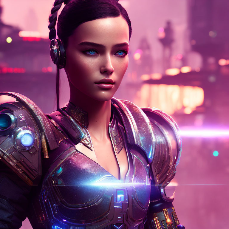 Futuristic female character in advanced armor with blue eyes, braid, and neon-lit city