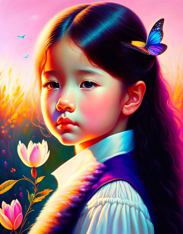 Colorful portrait of young girl with butterfly in surreal garden