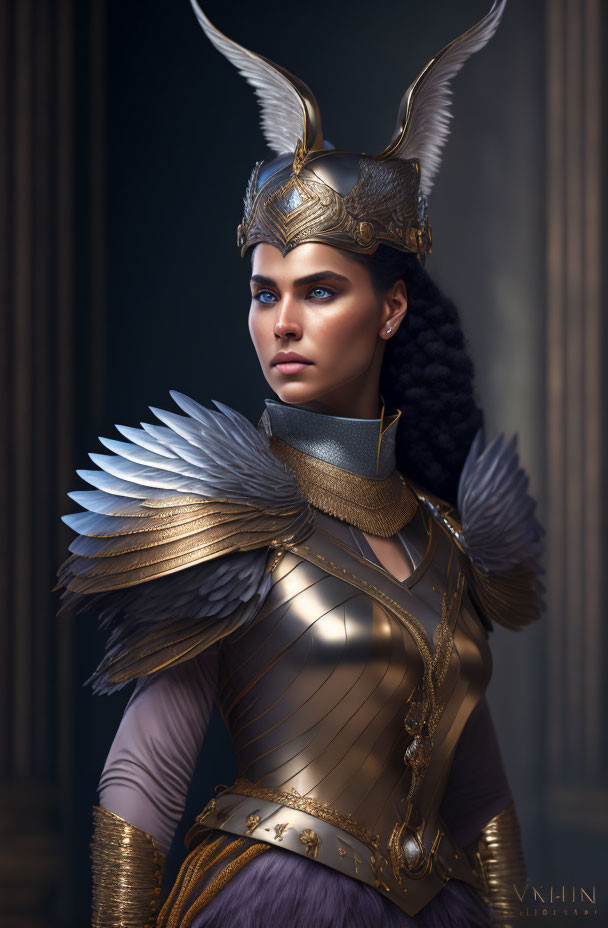 Regal woman in golden armor with winged helmet and intense gaze against dark backdrop