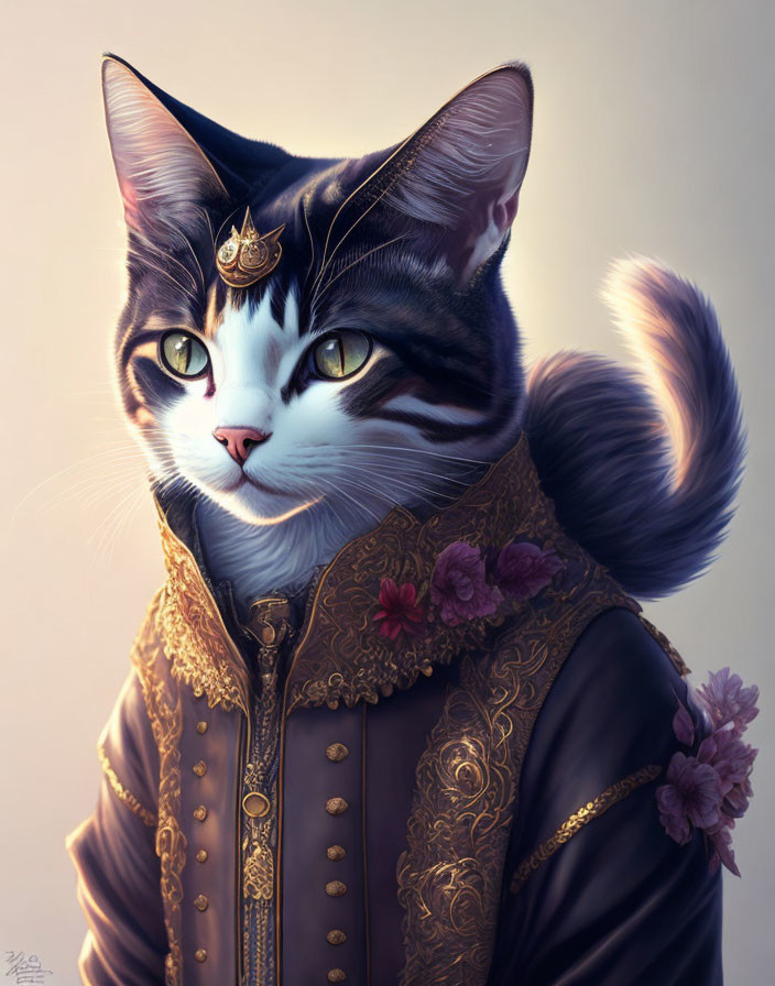 Regal anthropomorphic cat in ornate attire and floral pin.