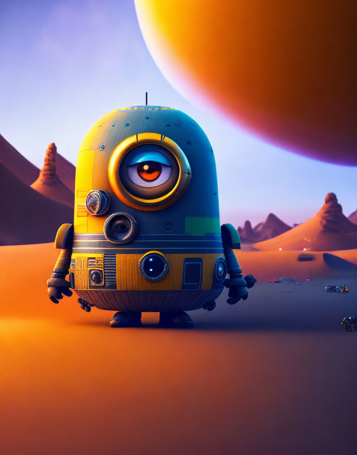 Yellow single-eyed robot in desert landscape under orange planet