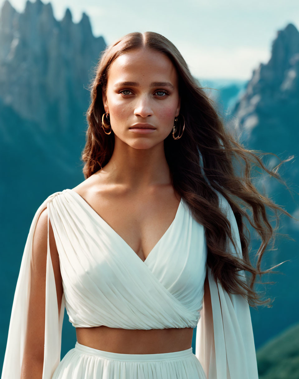 Woman in white dress with flowing hair against mountain backdrop