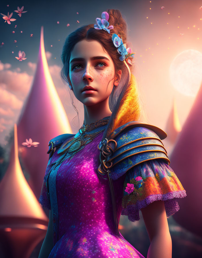 Fantasy portrait of young woman in colorful armor dress with flowers, twilight backdrop.