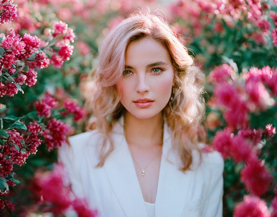 Curly-haired woman in white blouse among pink flowers.