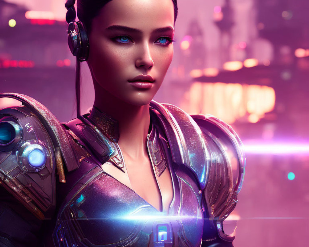 Futuristic female character in advanced armor with blue eyes, braid, and neon-lit city