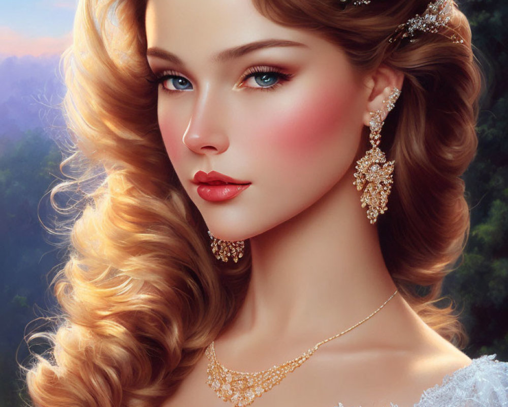 Portrait of a woman with wavy hair, green eyes, roses, gold jewelry, and nature backdrop