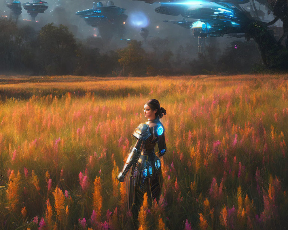 Futuristic warrior in gleaming armor among vibrant flowers and hovering spaceships