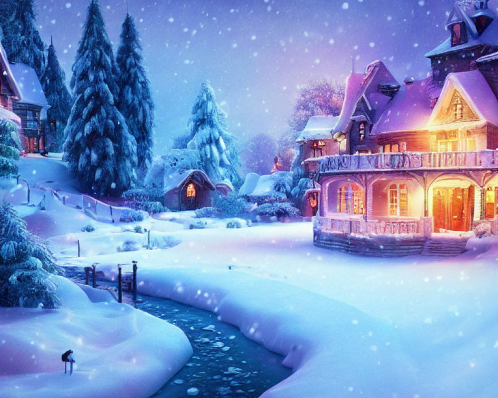 Snow-covered winter landscape with cozy house, river, and falling snowflakes