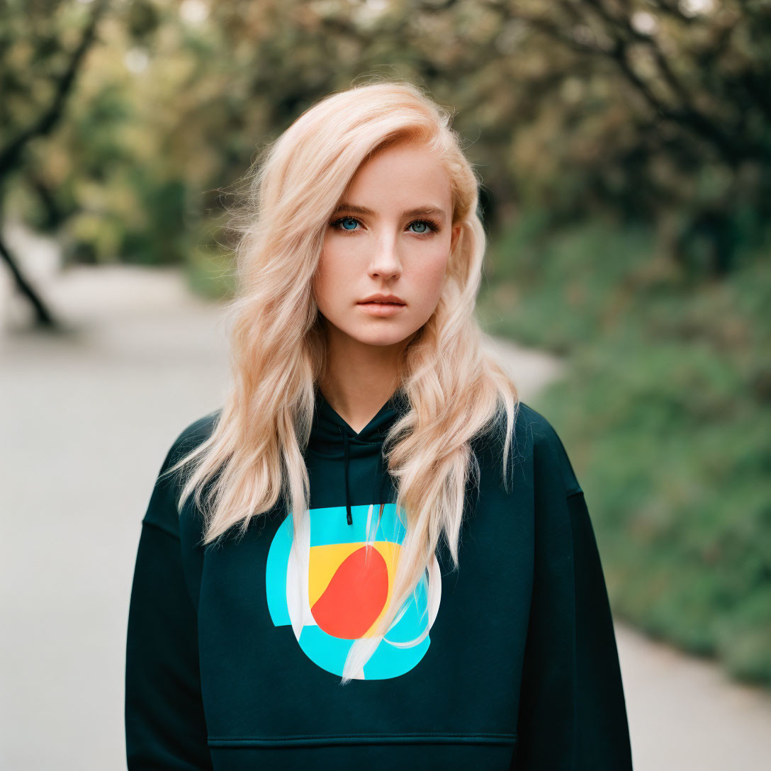 Blonde Woman in Colorful Logo Hoodie on Green Pathway