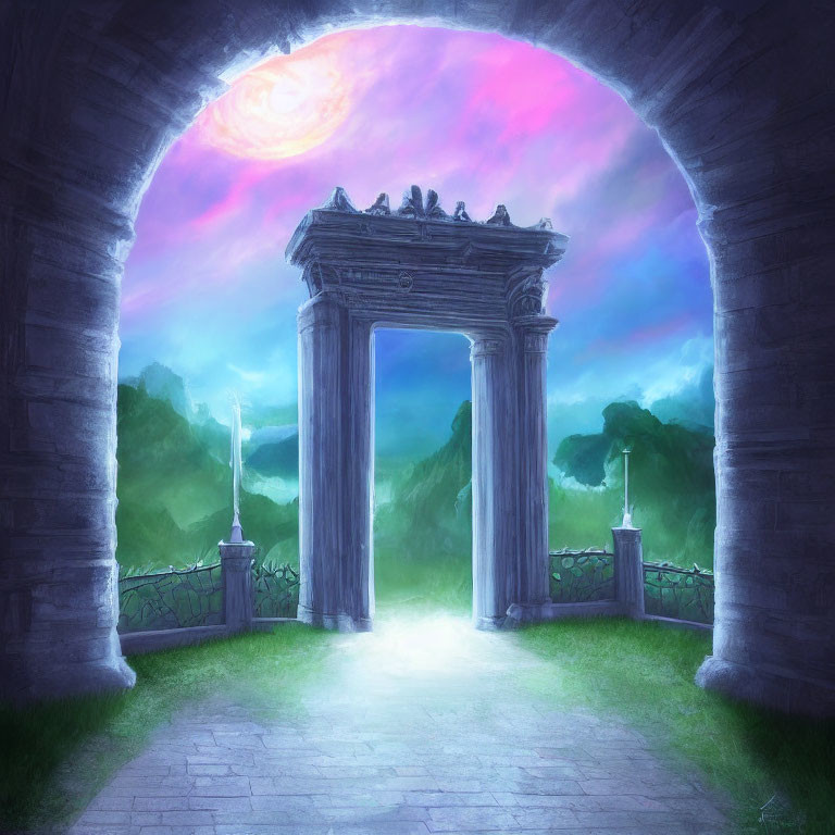 Mystical Stone Arch Gateway Beneath Luminous Sky and Vibrant Landscape