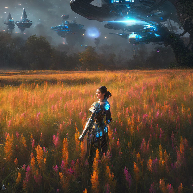 Futuristic warrior in gleaming armor among vibrant flowers and hovering spaceships