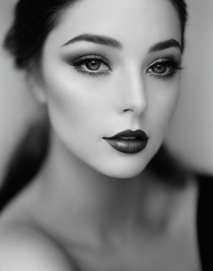 Monochrome portrait of woman with dramatic makeup and intense gaze