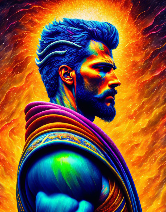 Vibrant profile portrait of a bearded man against fiery background