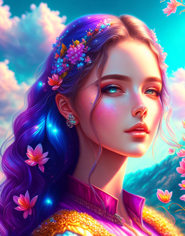 Digital artwork of woman with radiant skin, blue eyes, and purple hair in floral setting