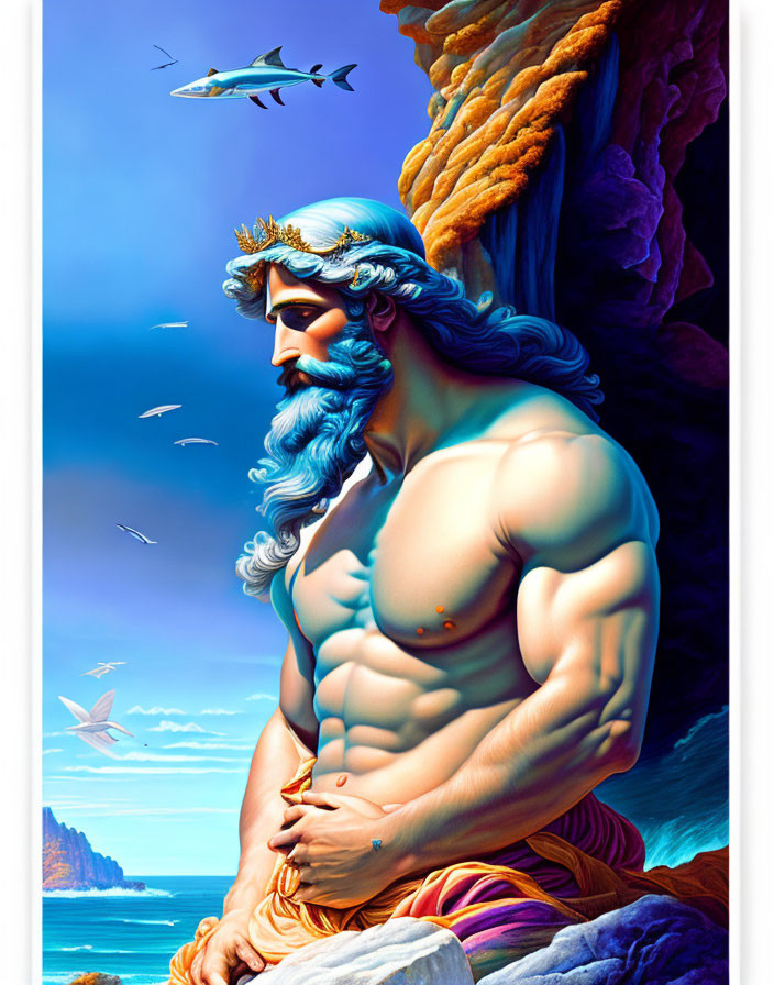 Muscular man with crown in Greek god style, ocean backdrop, flying birds