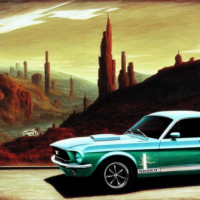 Vintage teal Mustang in surreal landscape with futuristic towers