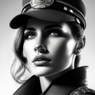 Monochrome portrait of woman in police cap, side glance, neutral backdrop