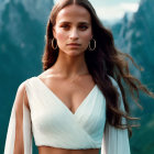 Woman in white dress with flowing hair against mountain backdrop