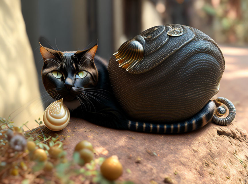 Black Cat with Green-Eyed Snail on Dusty Surface