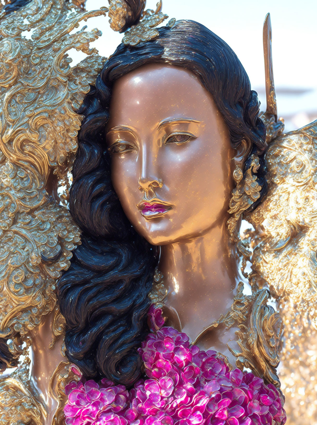 Intricately designed golden statue of woman's head with dark wavy hair and pink flowers