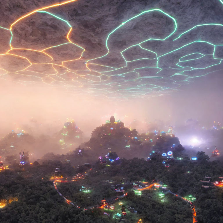 Neon-lit landscape with glowing trees and intricate rock formation at dusk.