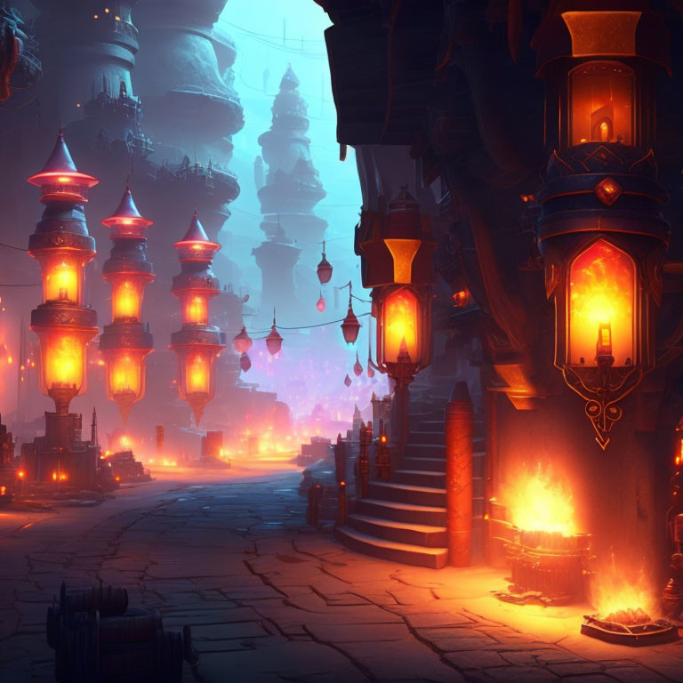 Fantastical cityscape at dusk with illuminated lanterns and towering spires