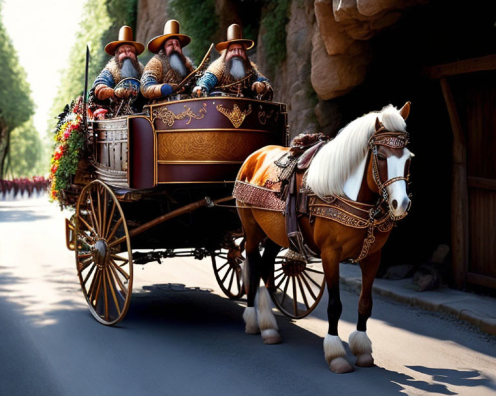 Ornate horse-drawn carriage with chestnut horse on paved road