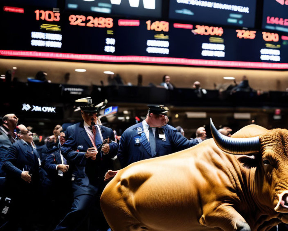 Bull sculpture and stock exchange scene with digital boards