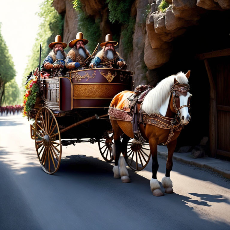 Ornate horse-drawn carriage with chestnut horse on paved road