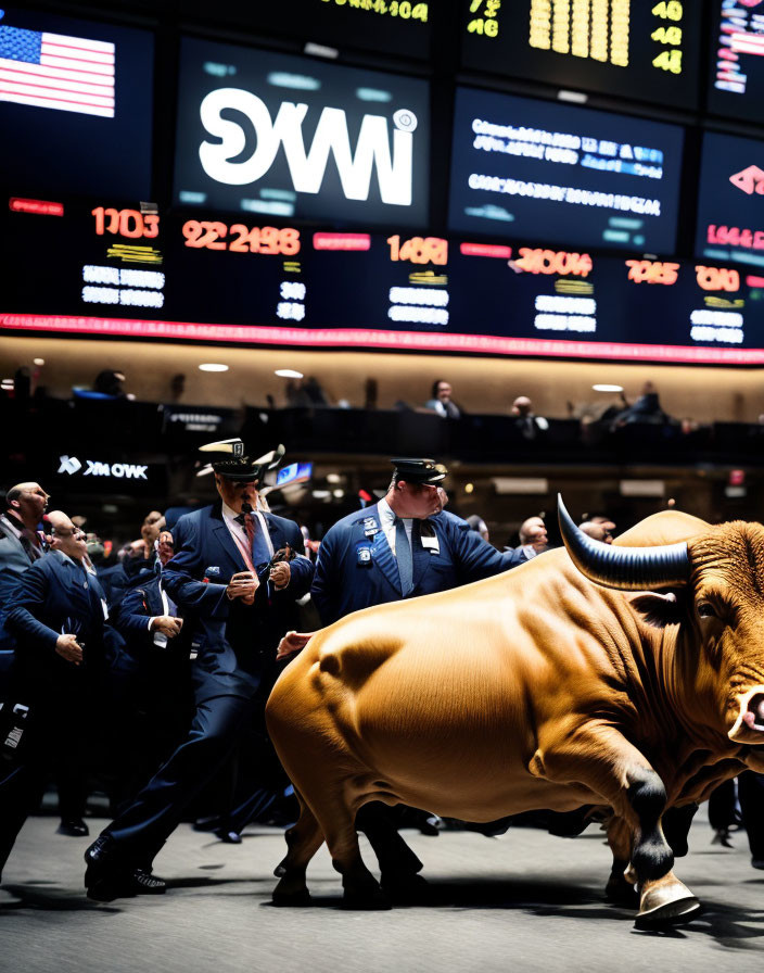 Bull sculpture and stock exchange scene with digital boards