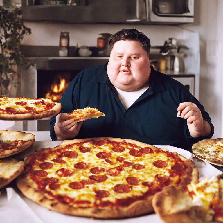 Person enjoying pepperoni pizzas at table with wood-fired oven in background