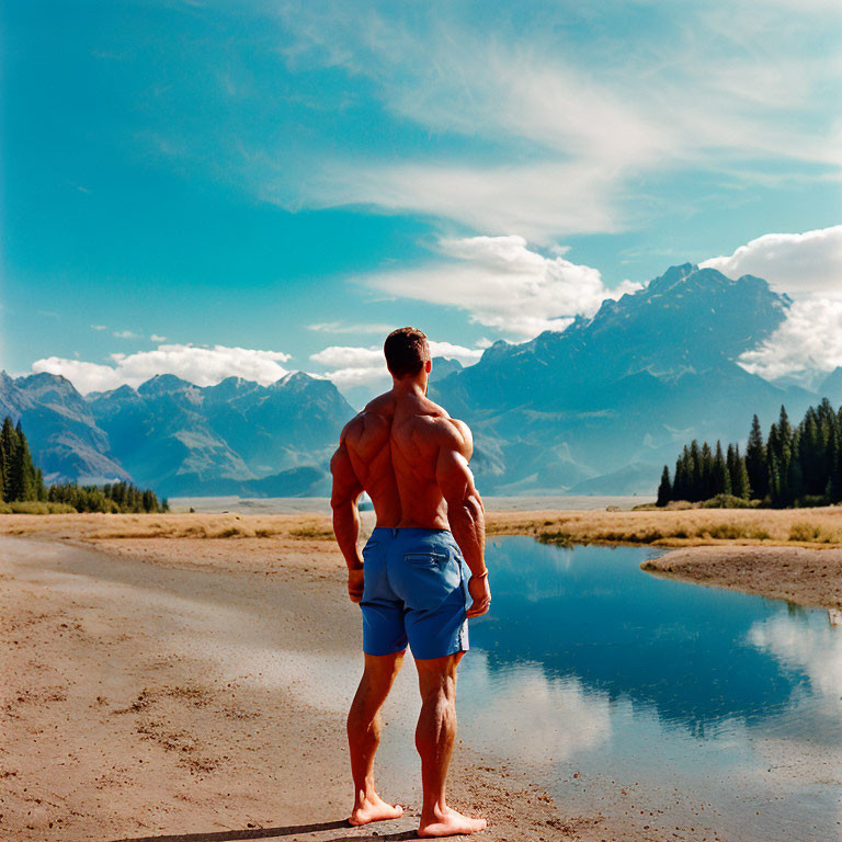 Muscular Person in Blue Shorts by Lake and Mountains