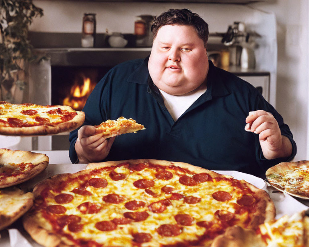 Person enjoying pepperoni pizzas at table with wood-fired oven in background