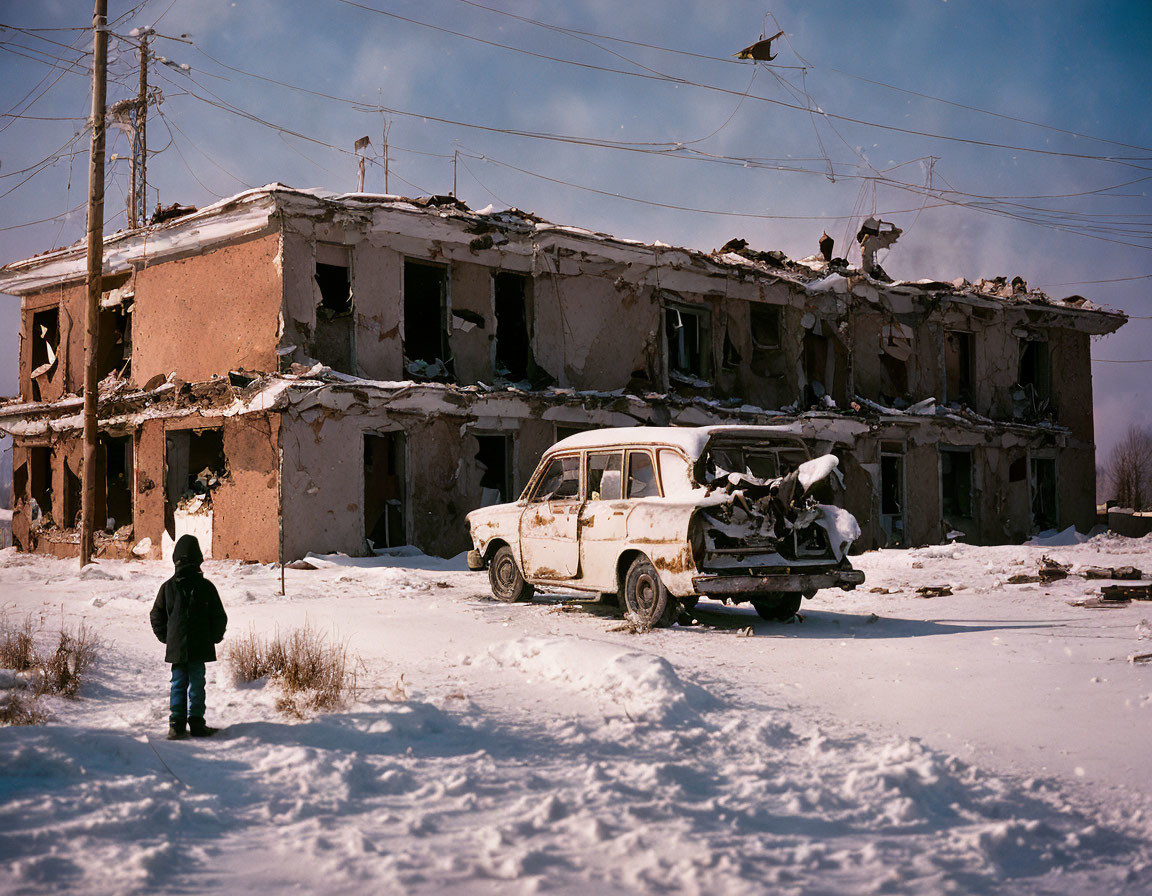 Solitary figure in snowy landscape with damaged building and derelict car