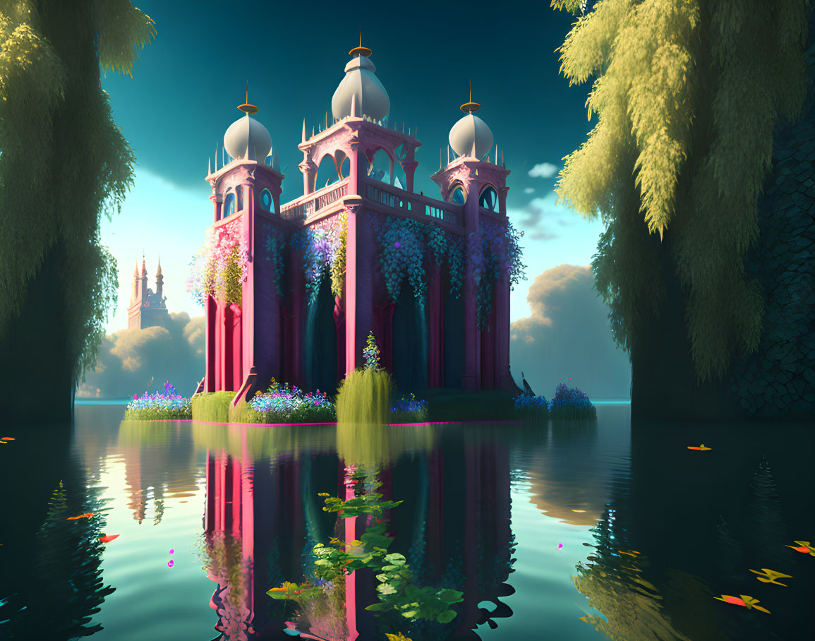 Fantastical palace with colorful spires and climbing flowers in mystical forest