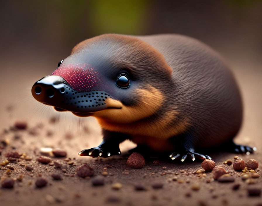 Shiny-nosed creature with brown fur and vibrant facial markings among pebbles