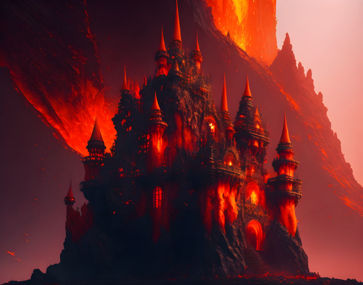 Fantastical castle on craggy cliff under fiery red sky