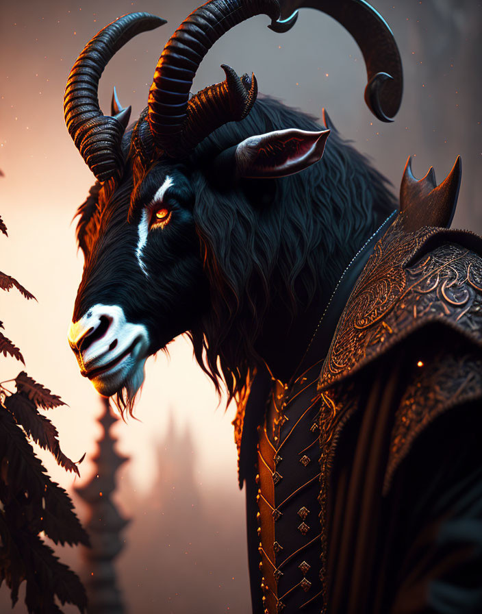 Anthropomorphic goat in ornate armor in dusky forest