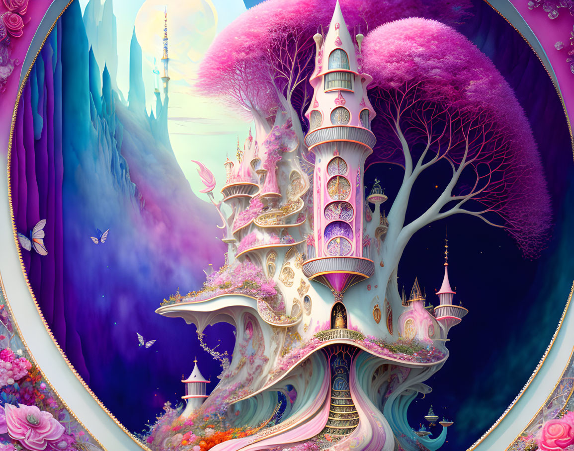 Fantastical tree castle with pink foliage and ornate towers in magical landscape