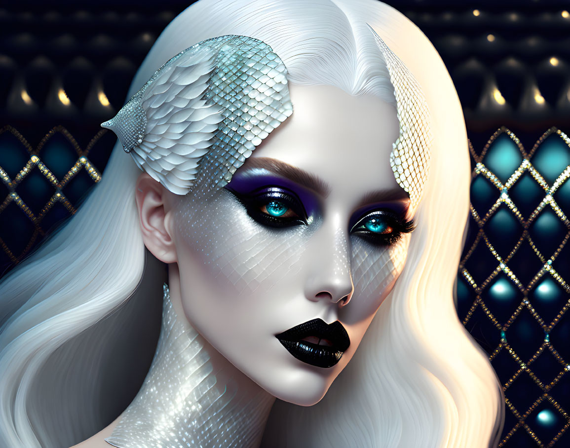 Portrait of woman with white hair, blue eyes, silver scales, and intricate headpiece on dark background