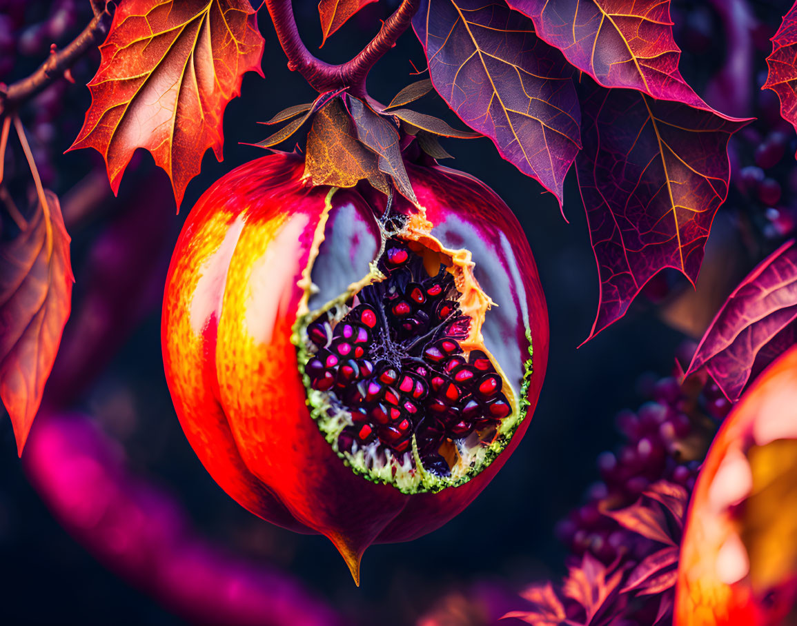 Ripe pomegranate fruit with burgundy leaves and exposed ruby-red seeds