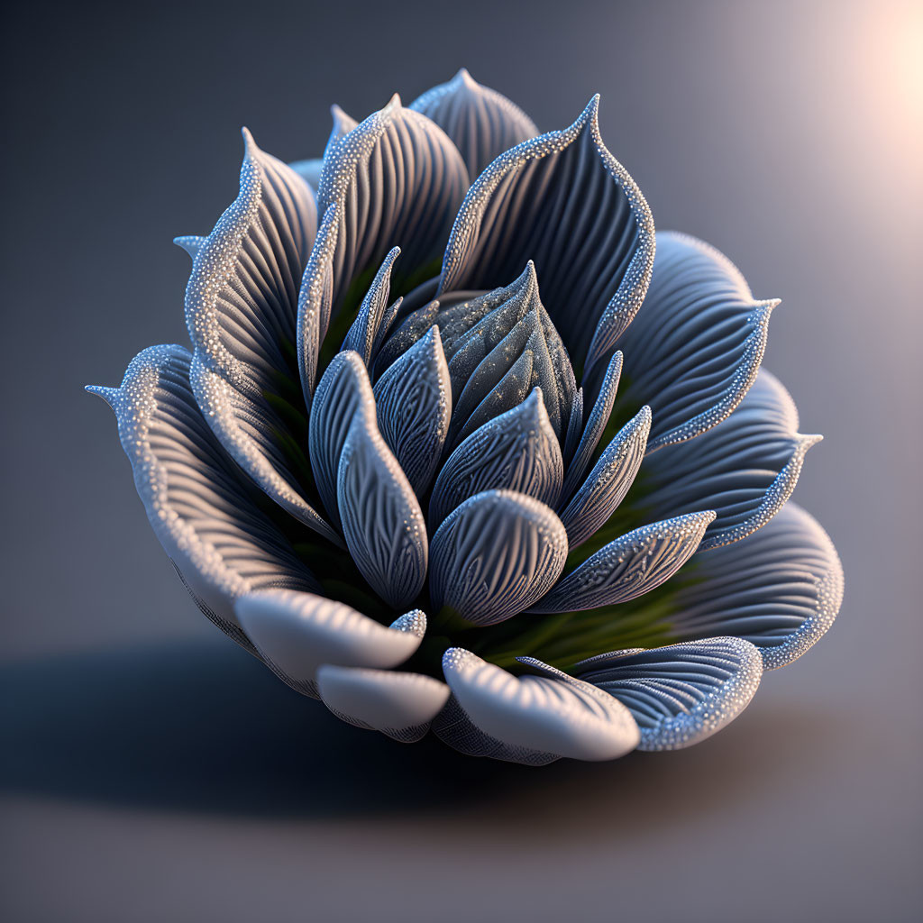 Stylized 3D rendered flower with intricate blue and white petals